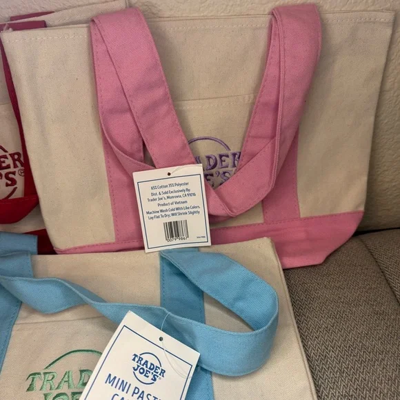 Trader Joe’s Mini Canvas Tote Bags— 2 Pastels (Pink & Blue) + 1 Red (3 total) - Picture 8 of 11